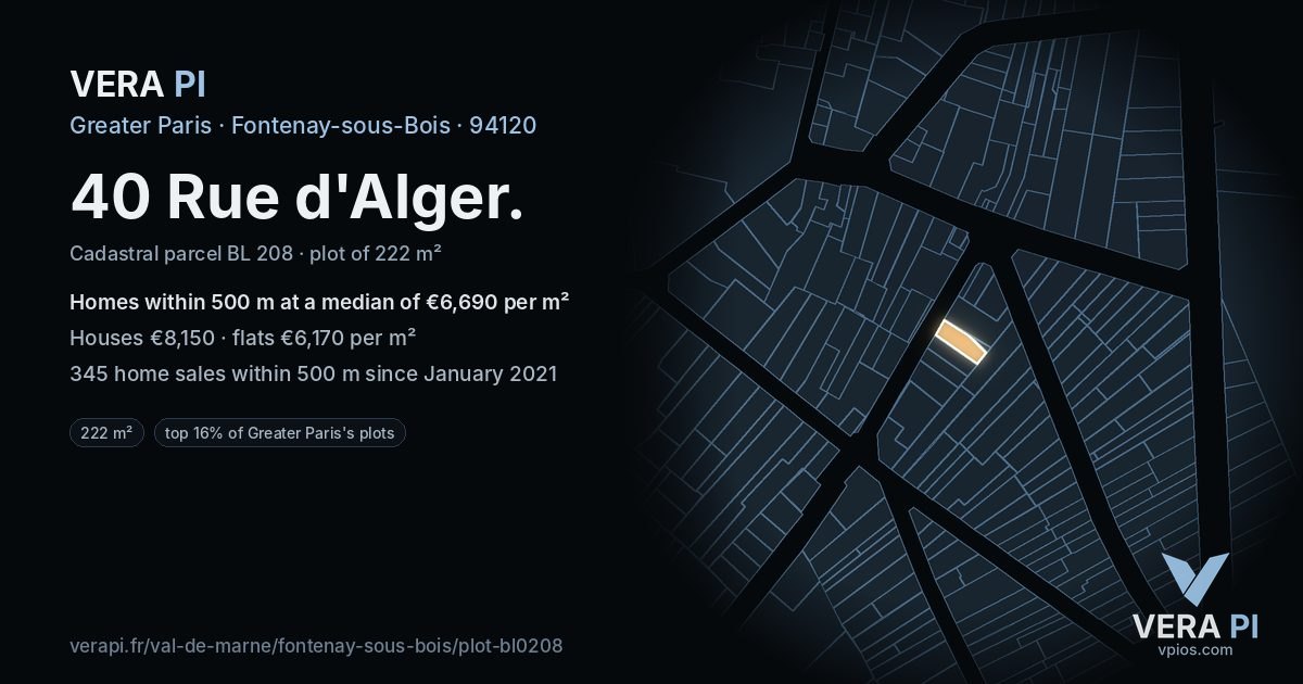 40 Rue d'Alger, Fontenay-sous-Bois at night – the plot lit, the parcels around coloured by the prices near them