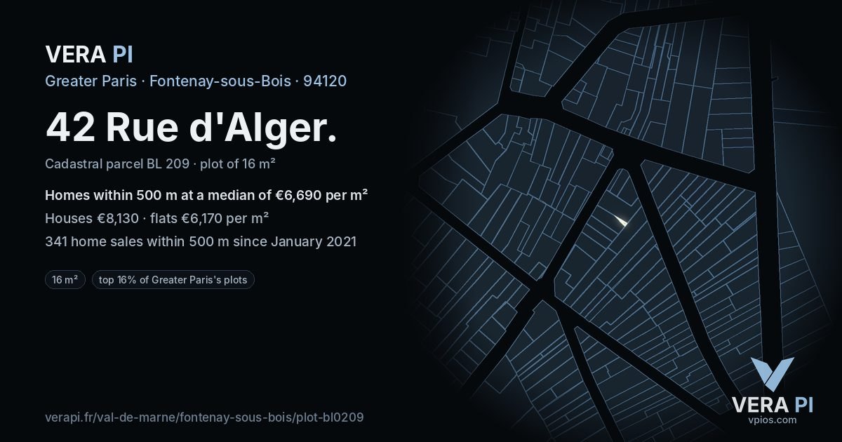 42 Rue d'Alger, Fontenay-sous-Bois at night – the plot lit, the parcels around coloured by the prices near them