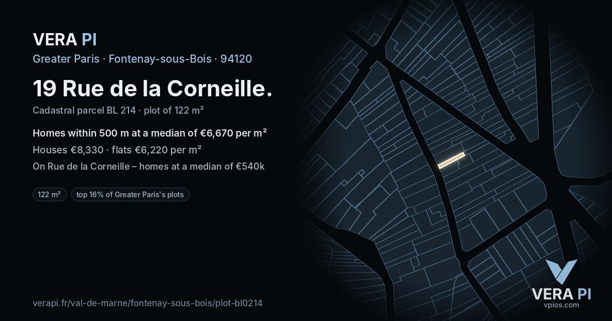 19 Rue de la Corneille, Fontenay-sous-Bois at night – the plot lit, the parcels around coloured by the prices near them