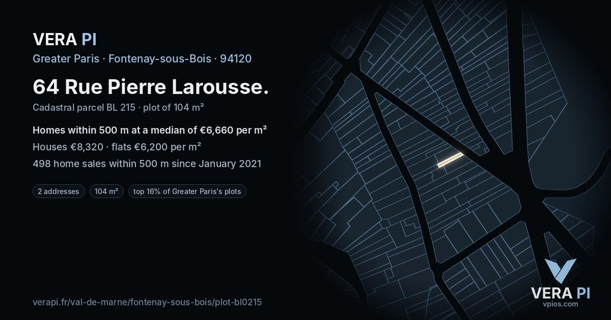64 Rue Pierre Larousse, Fontenay-sous-Bois at night – the plot lit, the parcels around coloured by the prices near them