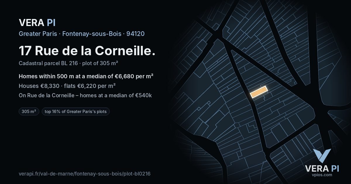 17 Rue de la Corneille, Fontenay-sous-Bois at night – the plot lit, the parcels around coloured by the prices near them