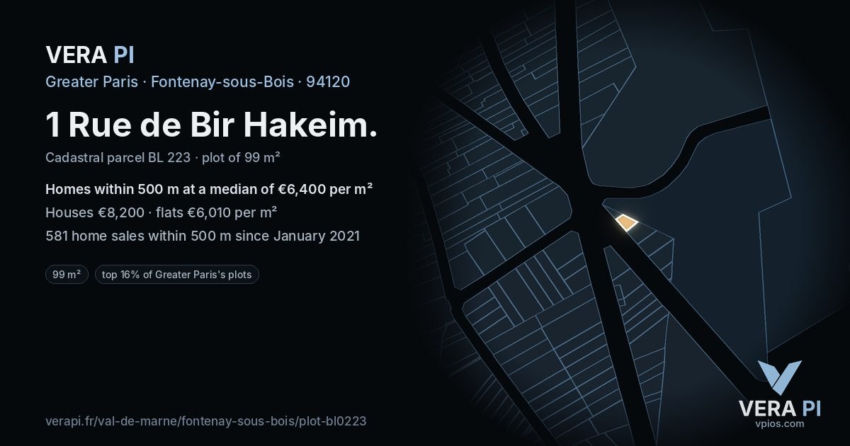 1 Rue de Bir Hakeim, Fontenay-sous-Bois at night – the plot lit, the parcels around coloured by the prices near them