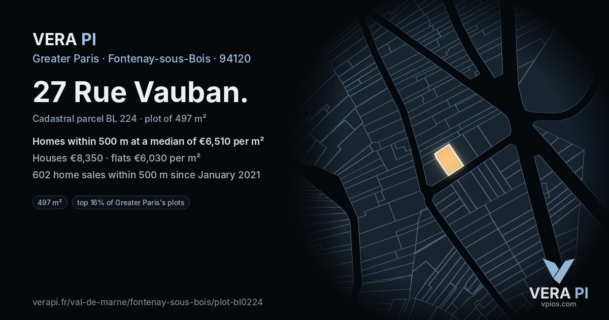 27 Rue Vauban, Fontenay-sous-Bois at night – the plot lit, the parcels around coloured by the prices near them