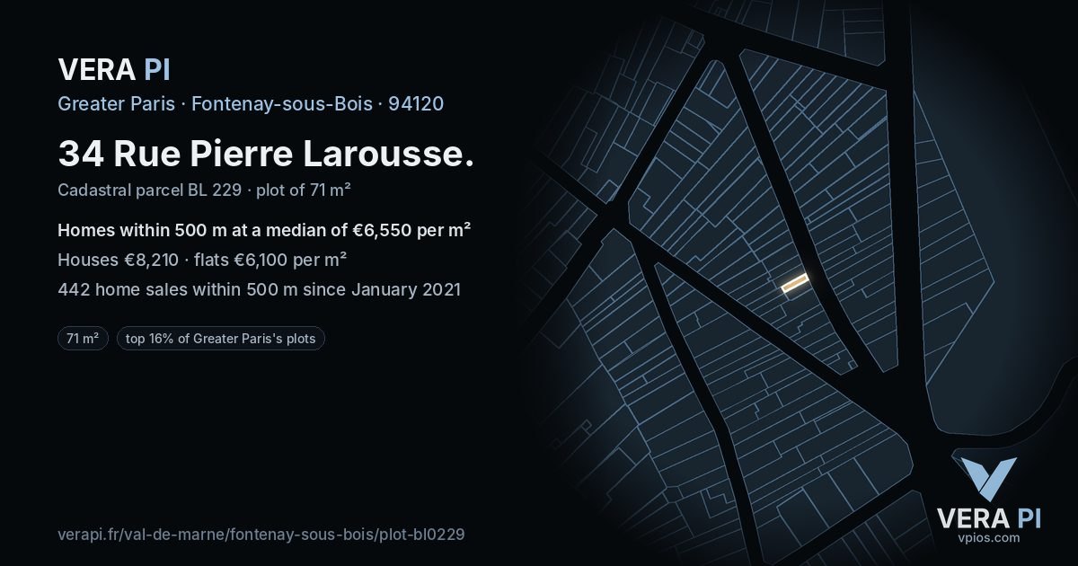 34 Rue Pierre Larousse, Fontenay-sous-Bois at night – the plot lit, the parcels around coloured by the prices near them