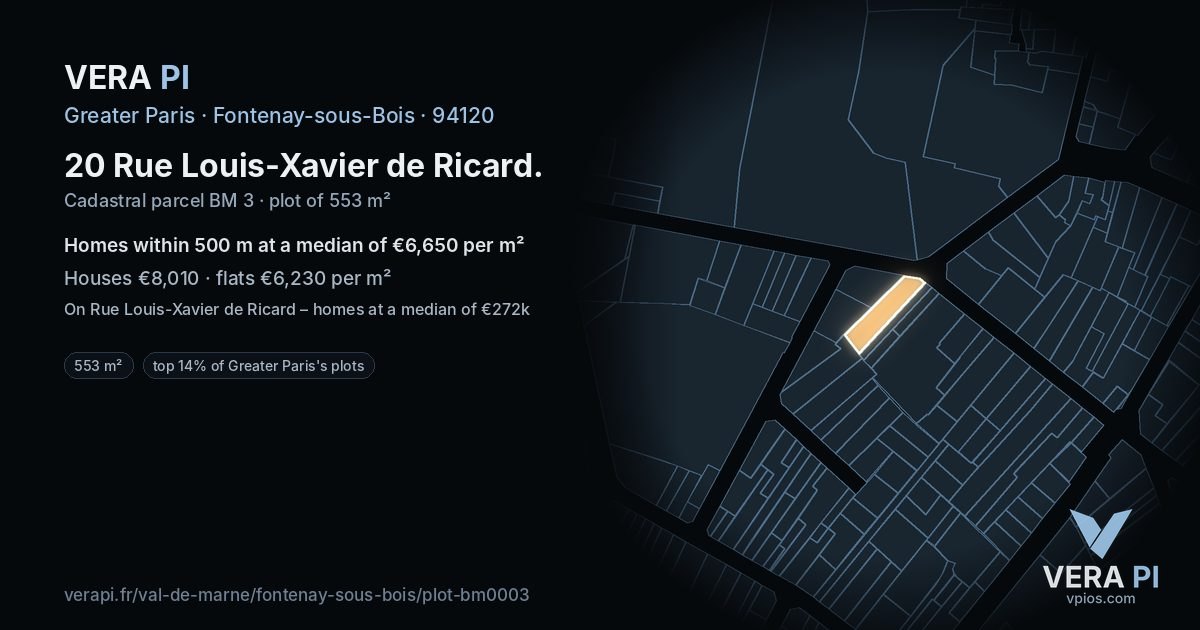 20 Rue Louis-Xavier de Ricard, Fontenay-sous-Bois at night – the plot lit, the parcels around coloured by the prices near them