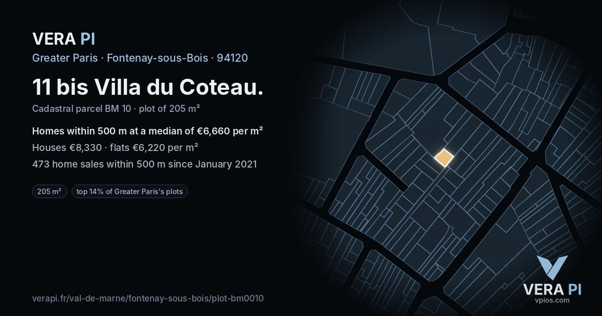 11 bis Villa du Coteau, Fontenay-sous-Bois at night – the plot lit, the parcels around coloured by the prices near them