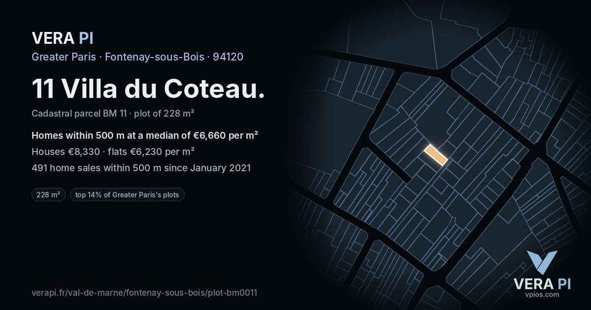 11 Villa du Coteau, Fontenay-sous-Bois at night – the plot lit, the parcels around coloured by the prices near them