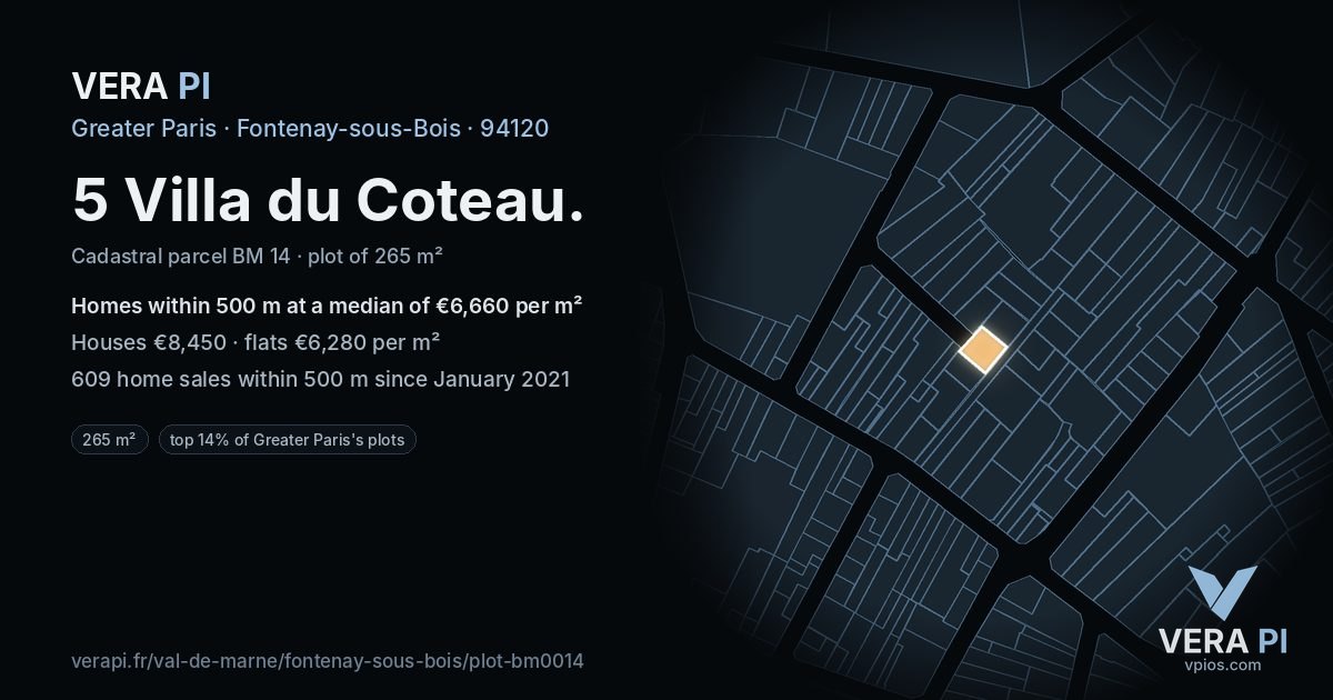5 Villa du Coteau, Fontenay-sous-Bois at night – the plot lit, the parcels around coloured by the prices near them