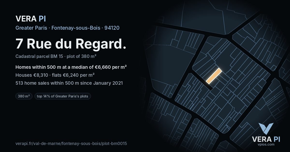 7 Rue du Regard, Fontenay-sous-Bois at night – the plot lit, the parcels around coloured by the prices near them