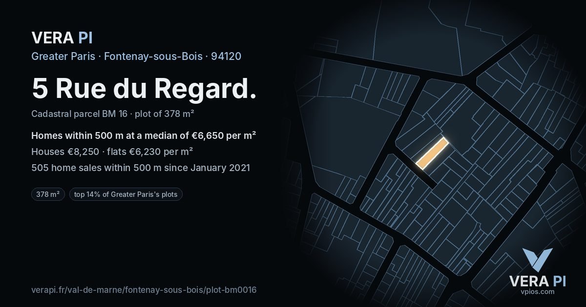 5 Rue du Regard, Fontenay-sous-Bois at night – the plot lit, the parcels around coloured by the prices near them