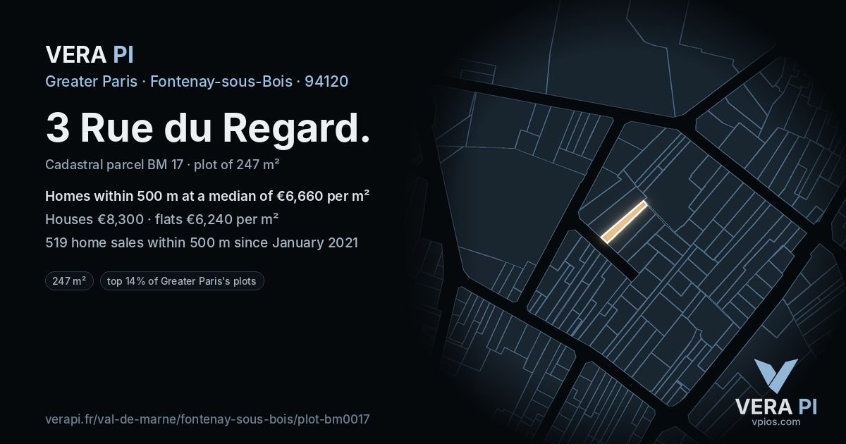 3 Rue du Regard, Fontenay-sous-Bois at night – the plot lit, the parcels around coloured by the prices near them
