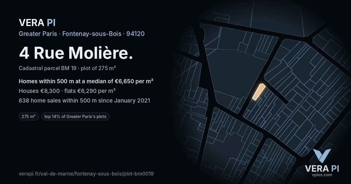 4 Rue Molière, Fontenay-sous-Bois at night – the plot lit, the parcels around coloured by the prices near them