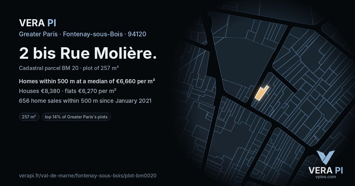 2 bis Rue Molière, Fontenay-sous-Bois at night – the plot lit, the parcels around coloured by the prices near them