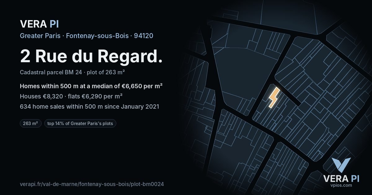 2 Rue du Regard, Fontenay-sous-Bois at night – the plot lit, the parcels around coloured by the prices near them