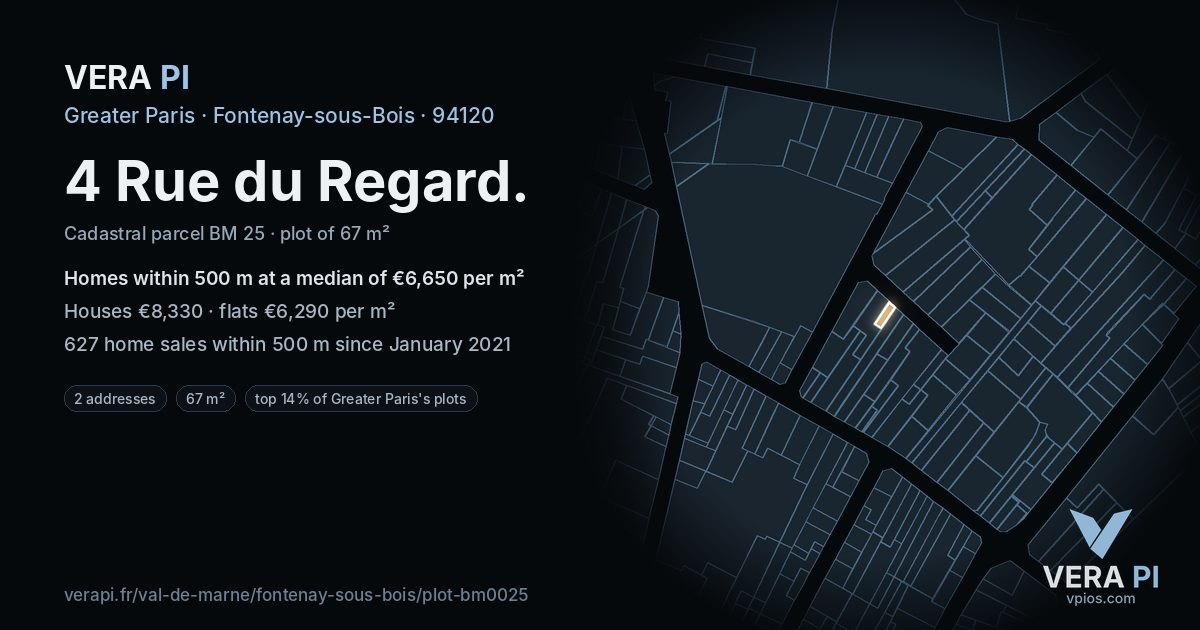 4 Rue du Regard, Fontenay-sous-Bois at night – the plot lit, the parcels around coloured by the prices near them