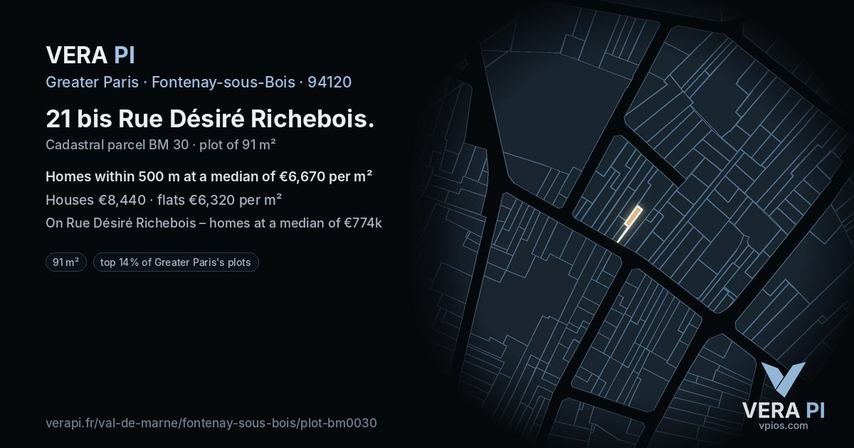 21 bis Rue Désiré Richebois, Fontenay-sous-Bois at night – the plot lit, the parcels around coloured by the prices near them