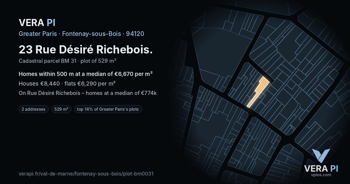 23 Rue Désiré Richebois, Fontenay-sous-Bois at night – the plot lit, the parcels around coloured by the prices near them
