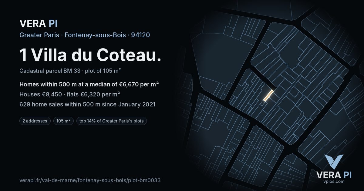 1 Villa du Coteau, Fontenay-sous-Bois at night – the plot lit, the parcels around coloured by the prices near them