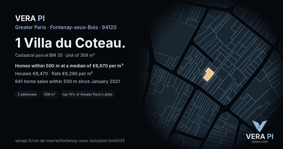 1 Villa du Coteau, Fontenay-sous-Bois at night – the plot lit, the parcels around coloured by the prices near them