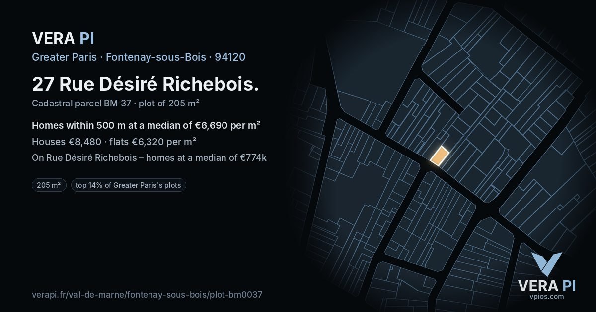 27 Rue Désiré Richebois, Fontenay-sous-Bois at night – the plot lit, the parcels around coloured by the prices near them