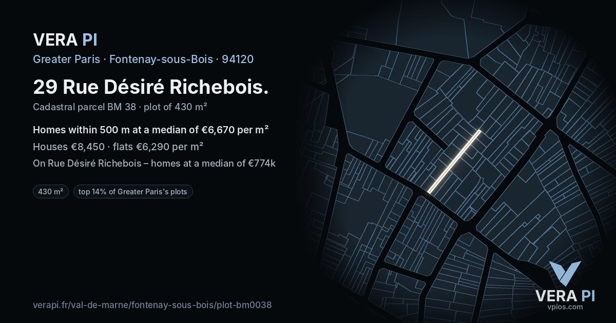 29 Rue Désiré Richebois, Fontenay-sous-Bois at night – the plot lit, the parcels around coloured by the prices near them