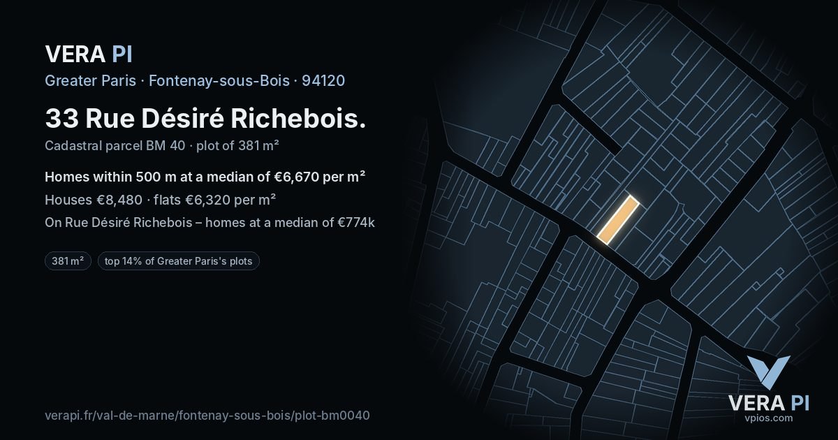 33 Rue Désiré Richebois, Fontenay-sous-Bois at night – the plot lit, the parcels around coloured by the prices near them
