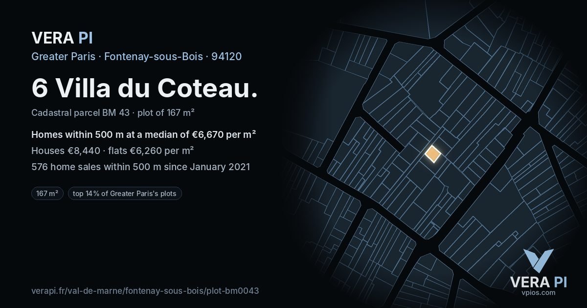 6 Villa du Coteau, Fontenay-sous-Bois at night – the plot lit, the parcels around coloured by the prices near them
