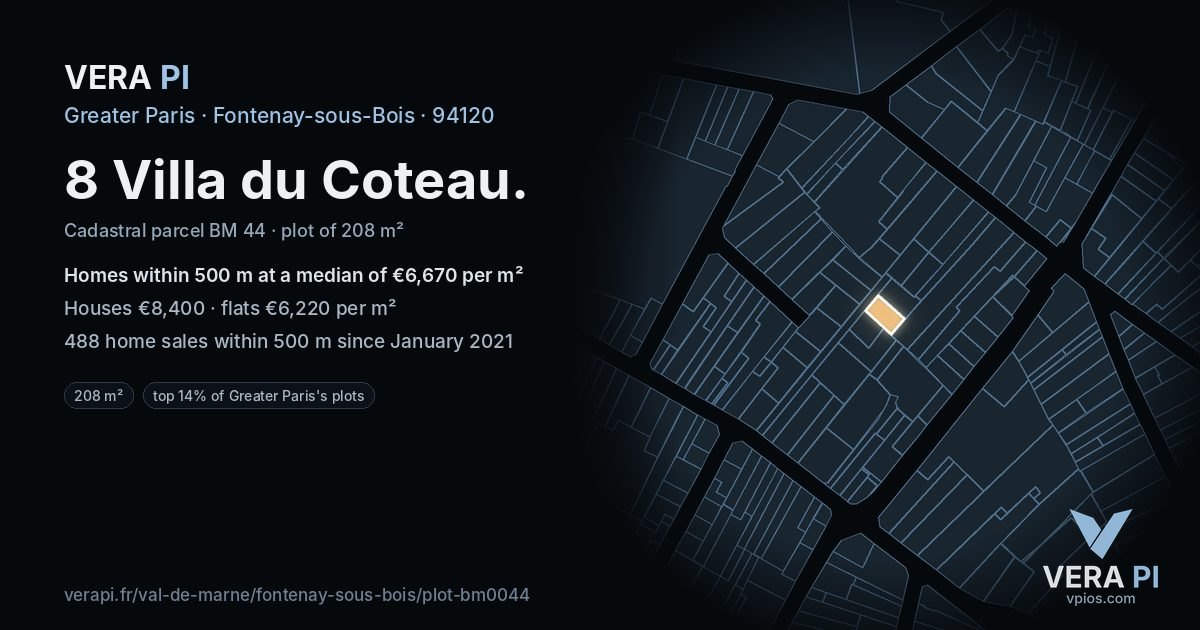 8 Villa du Coteau, Fontenay-sous-Bois at night – the plot lit, the parcels around coloured by the prices near them