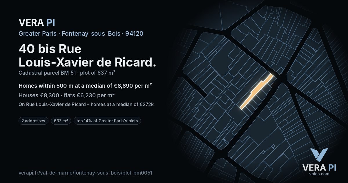 40 bis Rue Louis-Xavier de Ricard, Fontenay-sous-Bois at night – the plot lit, the parcels around coloured by the prices near them