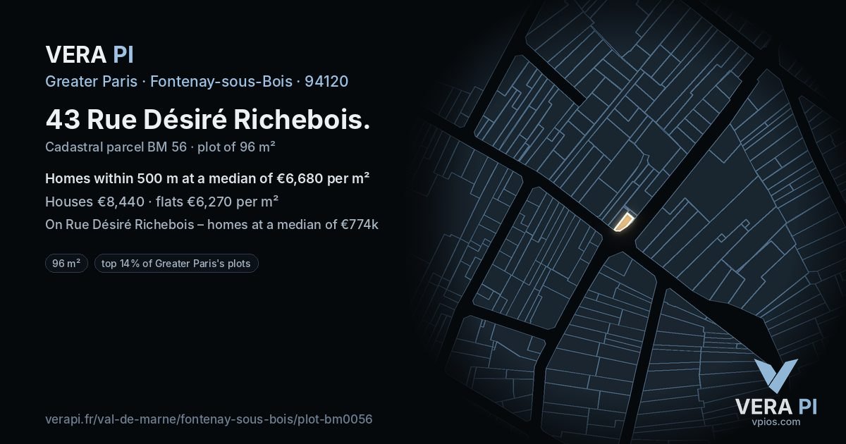 43 Rue Désiré Richebois, Fontenay-sous-Bois at night – the plot lit, the parcels around coloured by the prices near them