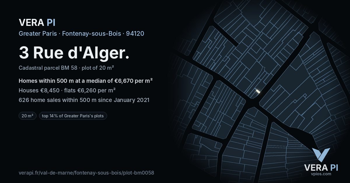 3 Rue d'Alger, Fontenay-sous-Bois at night – the plot lit, the parcels around coloured by the prices near them