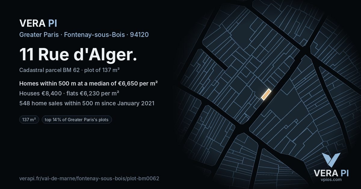 11 Rue d'Alger, Fontenay-sous-Bois at night – the plot lit, the parcels around coloured by the prices near them
