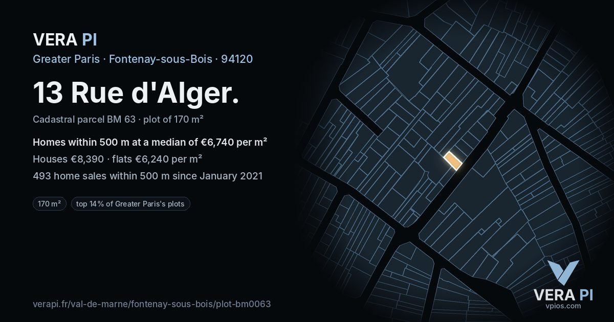 13 Rue d'Alger, Fontenay-sous-Bois at night – the plot lit, the parcels around coloured by the prices near them
