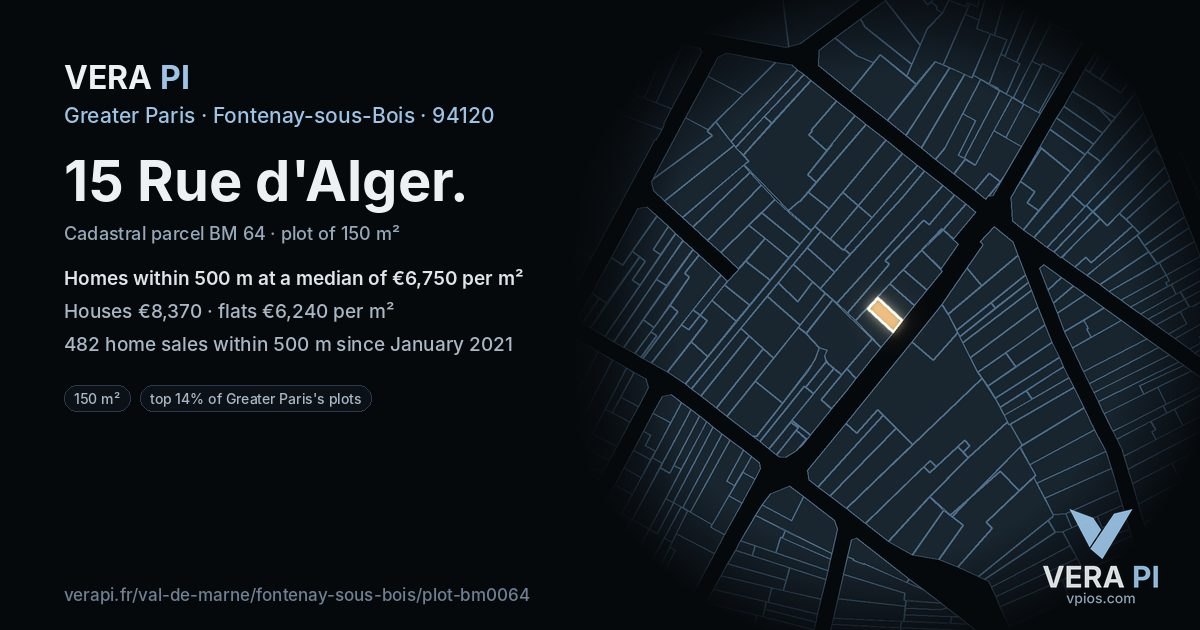 15 Rue d'Alger, Fontenay-sous-Bois at night – the plot lit, the parcels around coloured by the prices near them