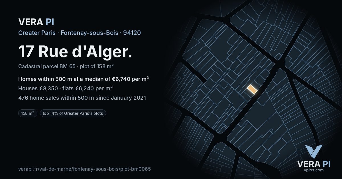 17 Rue d'Alger, Fontenay-sous-Bois at night – the plot lit, the parcels around coloured by the prices near them