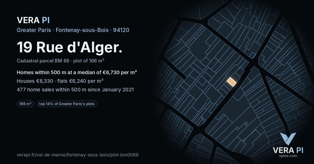 19 Rue d'Alger, Fontenay-sous-Bois at night – the plot lit, the parcels around coloured by the prices near them