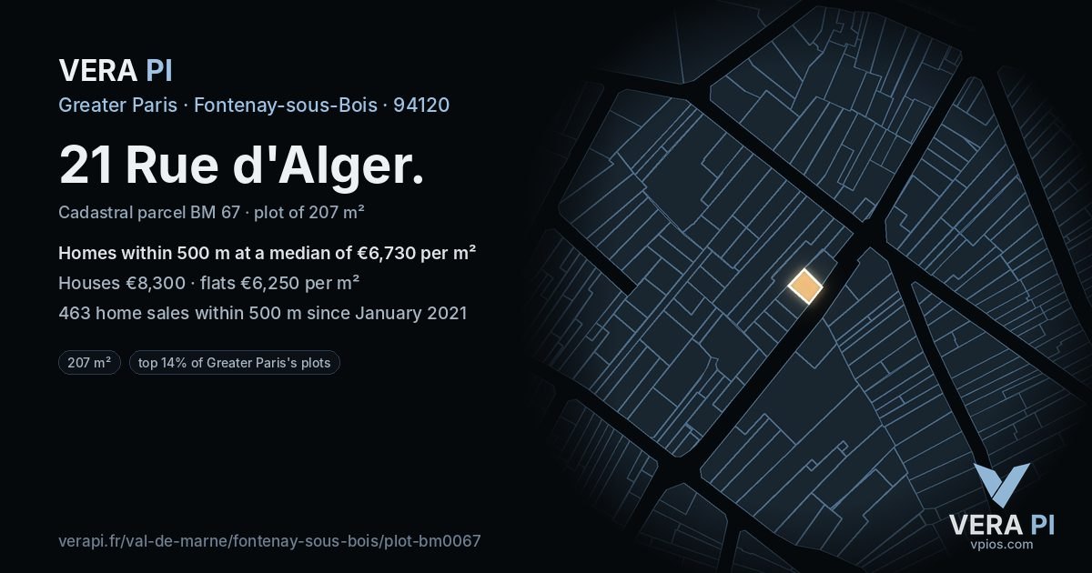 21 Rue d'Alger, Fontenay-sous-Bois at night – the plot lit, the parcels around coloured by the prices near them