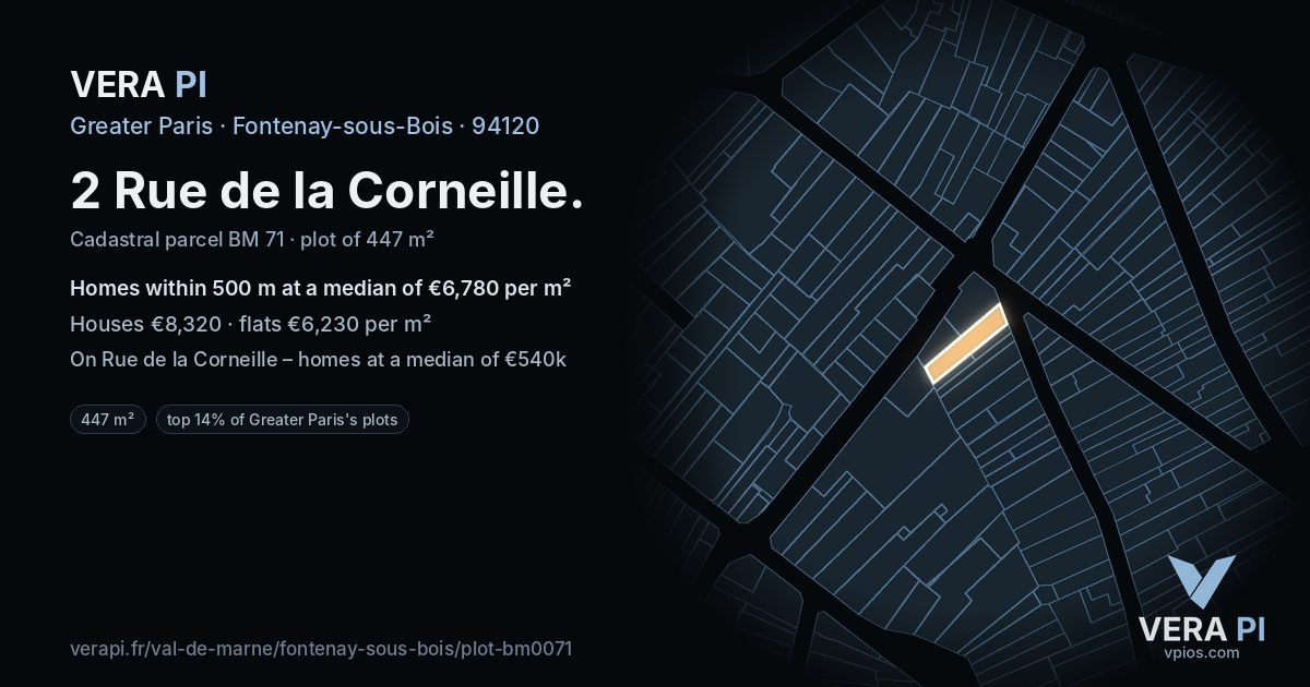 2 Rue de la Corneille, Fontenay-sous-Bois at night – the plot lit, the parcels around coloured by the prices near them