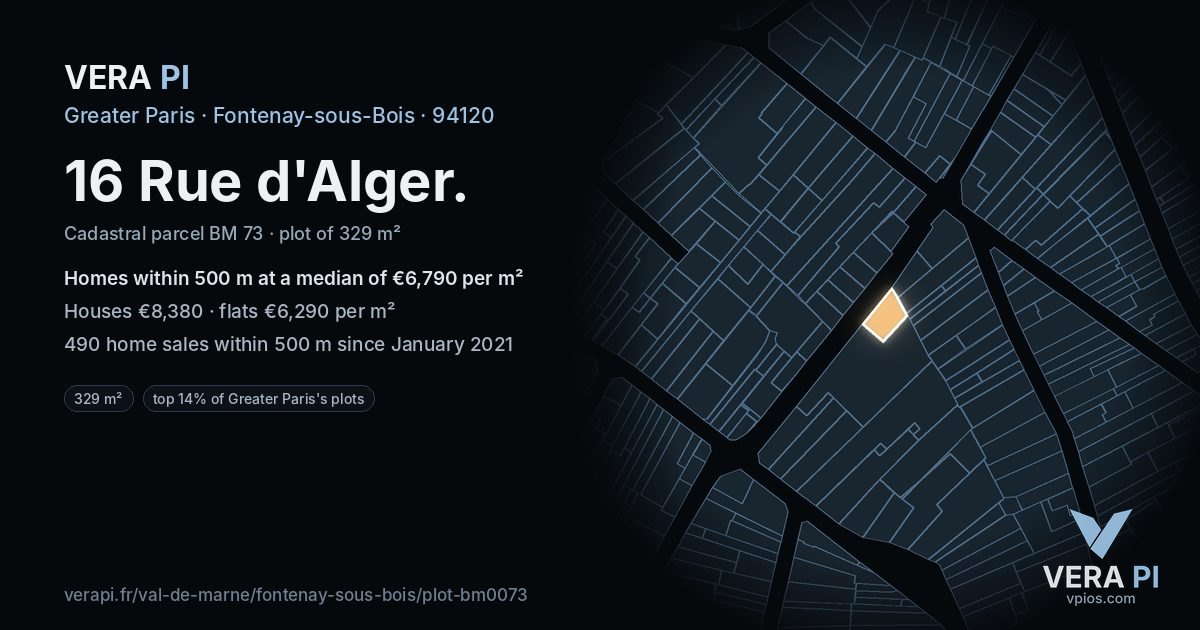 16 Rue d'Alger, Fontenay-sous-Bois at night – the plot lit, the parcels around coloured by the prices near them
