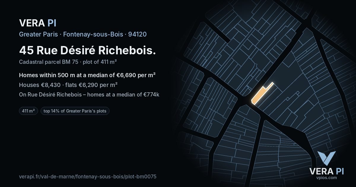 45 Rue Désiré Richebois, Fontenay-sous-Bois at night – the plot lit, the parcels around coloured by the prices near them