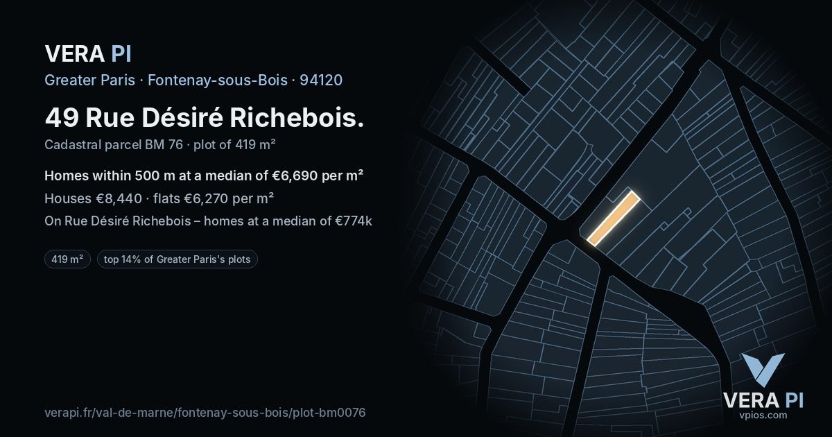 49 Rue Désiré Richebois, Fontenay-sous-Bois at night – the plot lit, the parcels around coloured by the prices near them