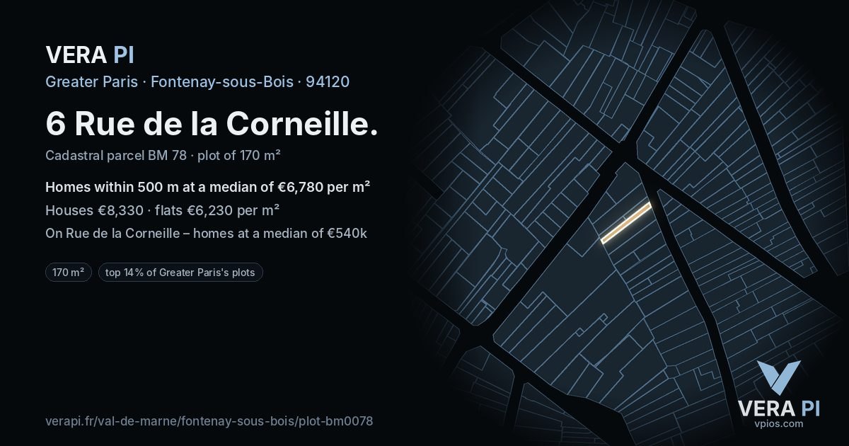 6 Rue de la Corneille, Fontenay-sous-Bois at night – the plot lit, the parcels around coloured by the prices near them