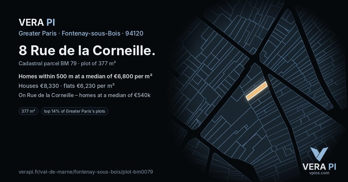 8 Rue de la Corneille, Fontenay-sous-Bois at night – the plot lit, the parcels around coloured by the prices near them
