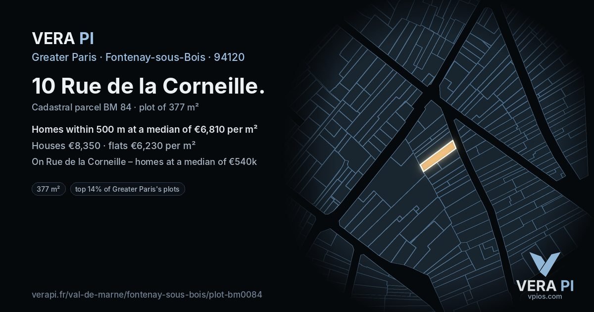 10 Rue de la Corneille, Fontenay-sous-Bois at night – the plot lit, the parcels around coloured by the prices near them