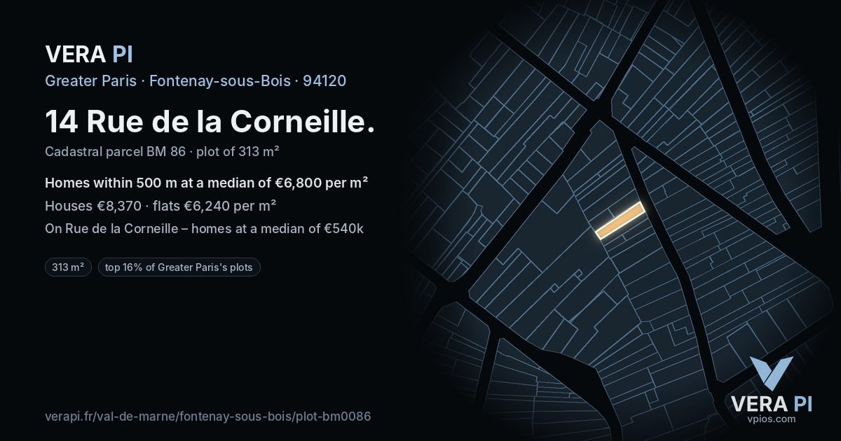 14 Rue de la Corneille, Fontenay-sous-Bois at night – the plot lit, the parcels around coloured by the prices near them