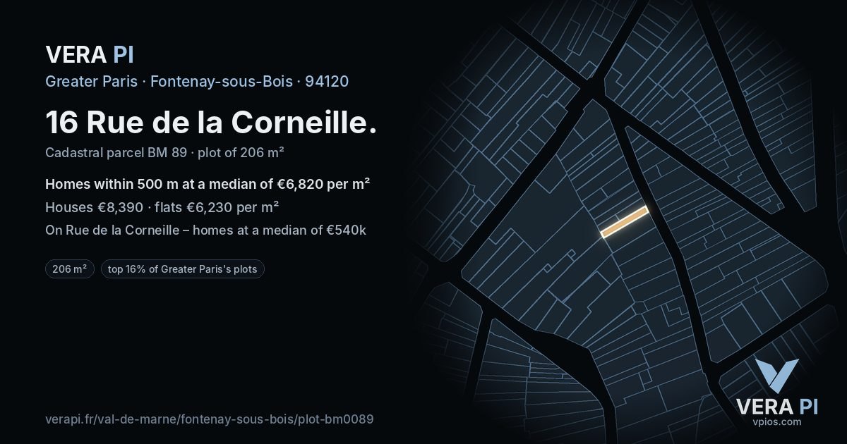 16 Rue de la Corneille, Fontenay-sous-Bois at night – the plot lit, the parcels around coloured by the prices near them