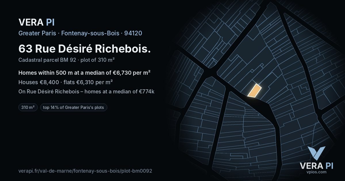 63 Rue Désiré Richebois, Fontenay-sous-Bois at night – the plot lit, the parcels around coloured by the prices near them
