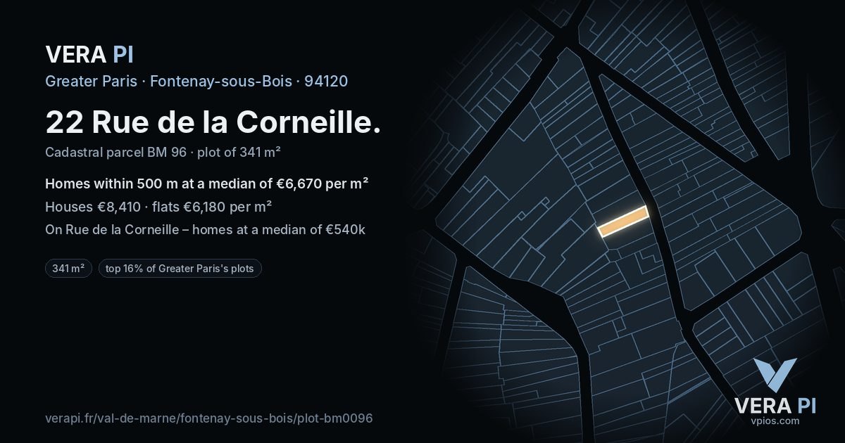22 Rue de la Corneille, Fontenay-sous-Bois at night – the plot lit, the parcels around coloured by the prices near them