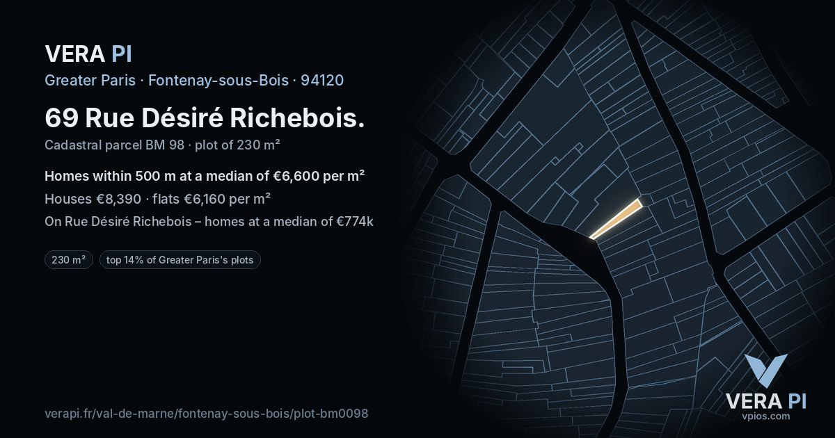 69 Rue Désiré Richebois, Fontenay-sous-Bois at night – the plot lit, the parcels around coloured by the prices near them