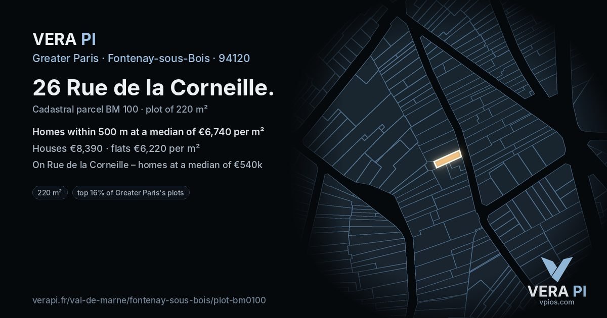 26 Rue de la Corneille, Fontenay-sous-Bois at night – the plot lit, the parcels around coloured by the prices near them